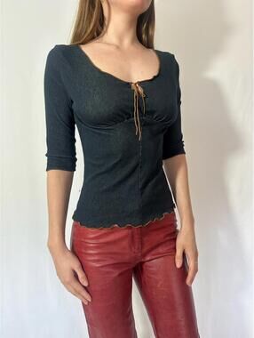 Vintage Y2K Faux Denim Milkmaid 3/4 Sleeve Tie Top